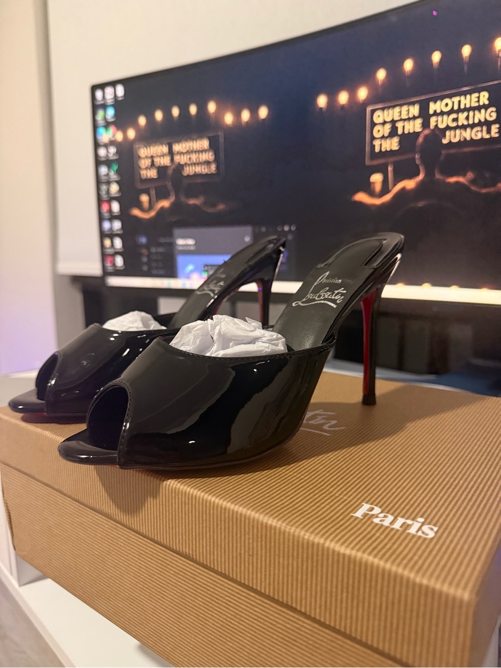 Christian Louboutin Black Patent Peep-Toe Stiletto Mules with Red Soles